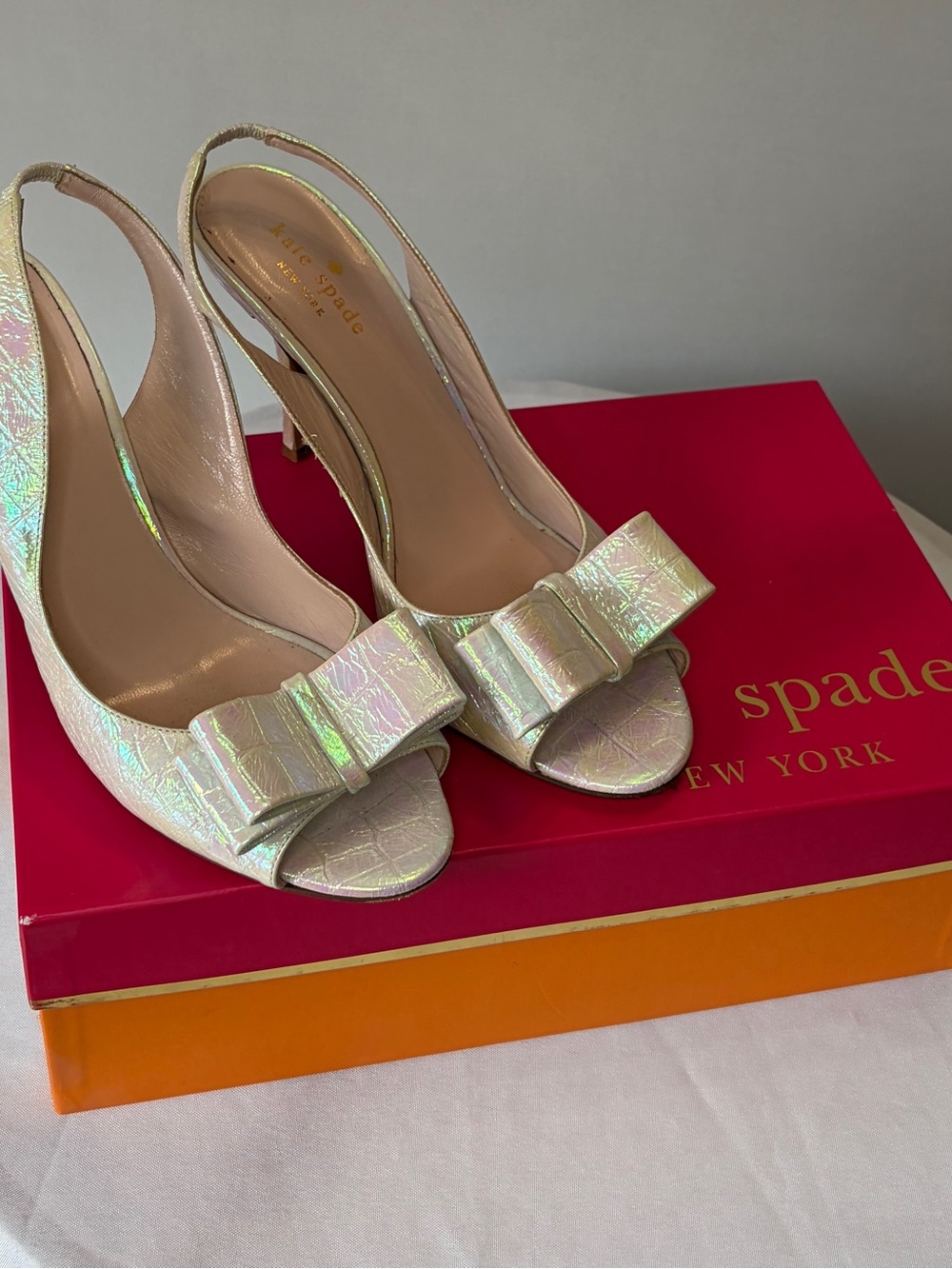 kate spade Iridescent Bow Peep-Toe Slingback Heels - Pearl